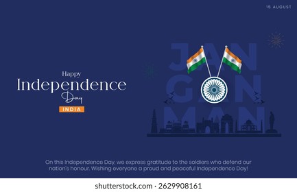 Happy Independence Day India Banner and Greeting Card. 15 August - Independence Day of India Background with Text and Ashoka Chakra