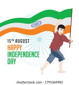 Happy Independence day India, Boy running with indian flag Vector illustration.