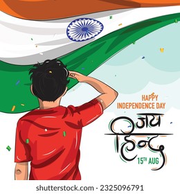 Happy Independence Day of india. boy saluting to indian flag. jai hind written in hindi language