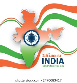 Happy independence day of India celebration with wavy Indian flag and map