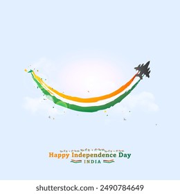 Happy independence day of india celebration. wishes greeting card Smile of tricolor aircraft smoke.