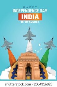 Happy Independence Day India concept with vector  illustration of fighter jets and Indian flag colors, with  blue background.