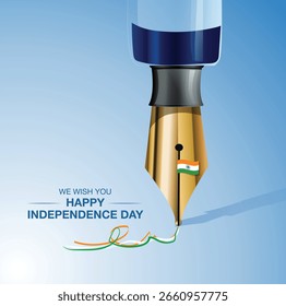 Happy Unabhängigkeit Tag Indien, Unabhängigkeit Tag kreative Banner Design Stift goldene Feder mit Flagge.