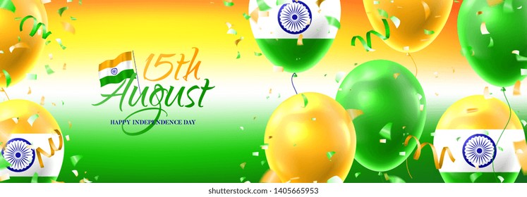 Happy Independence day India festive banner. Vector illustration with realistic air balloons colored in national flag of India. Festive background with color serpentine and confetti.