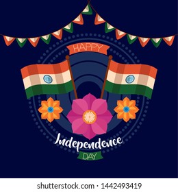 happy independence day india flags flowers pennants vector illustration