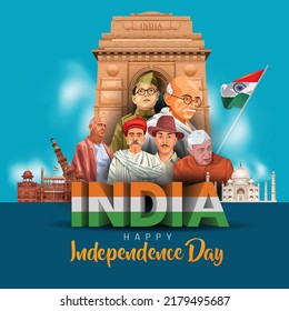 happy independence day India. freedom fighters with India gate vector illustration design	