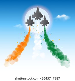 Feliz Dia da Independência Índia celebração da liberdade tricolor poster background. Desfile patriótico do Exército da Força Aérea Indiana com jato de combate na ilustração do céu.