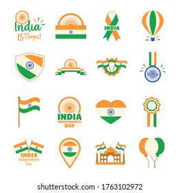 happy independence day india, freeedom celebration national icons set vector illustration flat style