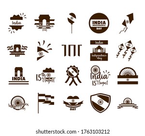 happy independence day india, freeedom celebration national icons set vector illustration flat style
