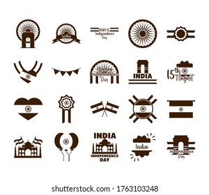 happy independence day india, freeedom celebration national icons set vector illustration flat style