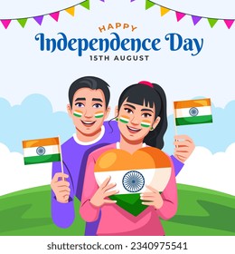 Happy independence day India greeting post with Indian flag for 77th Independence Day of India on 15th August. vector illustration design.