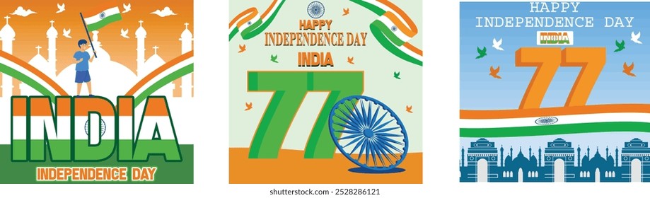 Happy independence day India greetings. Ashoka chakra with Indian flag. Letter with Indian flag. Set flat vector modern illustration 