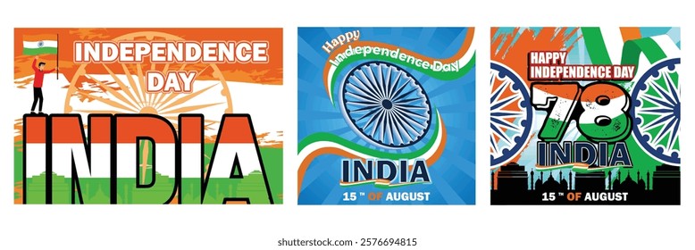 Happy independence day India greetings. Ashoka chakra with Indian flag. Celebration Artwork with Historical and Patriotic. Set flat vector modern illustration 