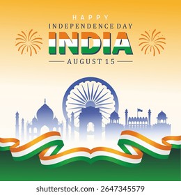 feliz dia da independência cumprimentos Índia. 15 de agosto fundo com marcos silhueta incluindo fogos de artifício e Ashoka Chakra. projeto de ilustração vetorial abstrata.