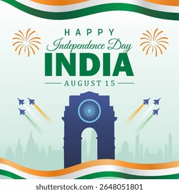 happy independence day India greetings. August 15 background with landmarks silhouette including fireworks and Ashoka Chakra. abstract vector illustration design.