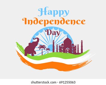 Happy Independence Day in India holiday poster with flag colors and national symbols silhouettes isolated vector illustration on white background.