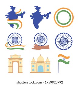 happy independence day india, map flag landmark famous monuments wheel icons set vector illustration