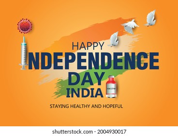 feliz día de la independencia India con un fondo de color naranja. covid-19, concepto de virus de la corona. diseño de ilustración vectorial