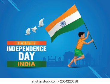 happy Independence day India poster, a boy running with Indian flag. vector illustration design