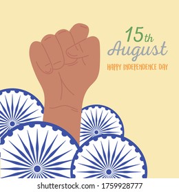 happy independence day india, raised hand with wheels greeting card design vector illustration