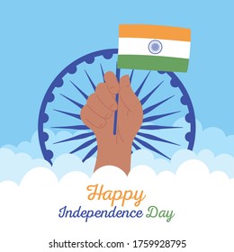 happy independence day india, raised hand with flag in pole with wheel vector illustration