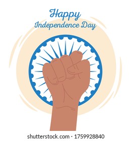 happy independence day india, raised hand and fist with wheel vector illustration