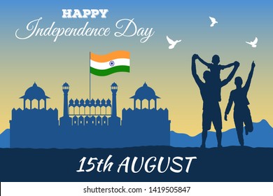 Happy Independence Day India. Silhouette of family outdoor - man, woman and boy. Three flying doves, India's flag and Red Fort in Delhi. Freedom Republic of India. Nature in the evening and sunset.