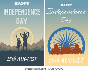 Happy Independence Day India. Silhouette of people outdoors - man, woman and boy. Freedom Republic of India. Happy family in summer nature in evening landscape and sunset. Set flyers and cards.