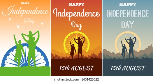 Happy Independence Day India. Silhouette of people outdoors - man, woman and boy. Freedom Republic of India. Happy family in summer nature in evening landscape and sunset. Set flyers and cards.