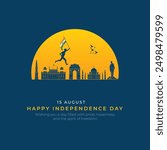 Happy Independence Day India Social Media Post and Flyer Template. 15 August - Indian Independence Day Celebration Greeting Card with Text and Indian Landmarks Vector Illustration