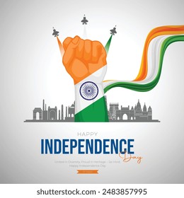 Happy Independence Day India Social Media Post and Flyer Template. 15 august - Indian independence Day Celebration Greeting Card with Text. Tricolor flag and hand.