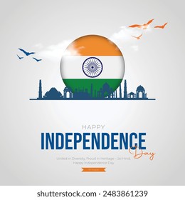 Feliz Día de la Independencia India Plantilla de medios sociales y volantes. 15 de agosto - Tarjeta de felicitación con texto para la celebración del Día de la Independencia de India. Bandera tricolor con Ashoka Chakra.