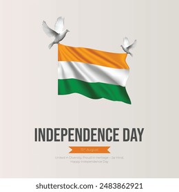 Feliz Día de la Independencia India Plantilla de medios sociales y volantes. 15 de agosto - Tarjeta de felicitación con texto para la celebración del Día de la Independencia de India. Bandera tricolor 