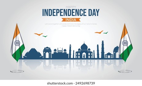 Feliz Día de la Independencia India Plantilla de medios sociales y volantes. 15 de agosto - Tarjeta de felicitación por la celebración del Día de la Independencia de la India con texto y Ilustración vectorial de la India con horizonte.