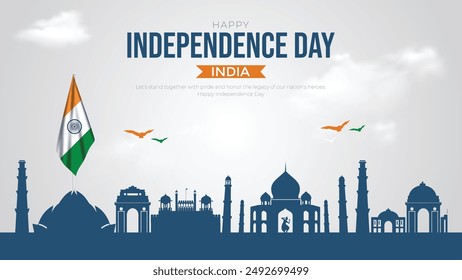 Happy Independence Day India Social Media Post and Flyer Template. 15 august - Indian independence Day Celebration Greeting Card with Text. Tricolor flag.