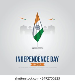 Feliz Día de la Independencia India Plantilla de medios sociales y volantes. 15 de agosto - Tarjeta de felicitación con texto para la celebración del Día de la Independencia de India. Bandera tricolor