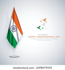 Feliz Día de la Independencia India Publicación en medios sociales y Plantilla de volantes. 15 de agosto - Tarjeta de felicitación de la celebración del Día de la Independencia de la India con texto y Ilustración vectorial de la bandera de la India