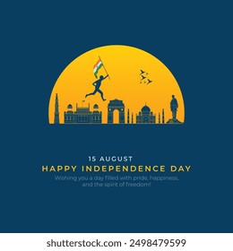 Feliz Día de la Independencia India Publicación en medios sociales y Plantilla de volantes. 15 de agosto - Tarjeta de felicitación de la celebración del Día de la Independencia de la India con texto y Ilustración vectorial de Lugares famosos indios