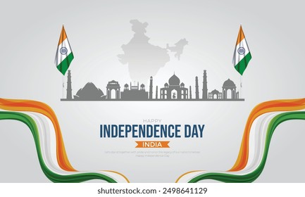 Feliz Día de la Independencia India Publicación de medios sociales y Plantilla de volantes. 15 de agosto - Tarjeta de felicitación de la celebración del Día de la Independencia de la India con texto y bandera de la India con Ilustración vectorial de Skyline.