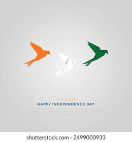 Feliz Día de la Independencia India Publicación en medios sociales y Plantilla de volantes. 15 de agosto - Tarjeta de felicitación de la celebración del Día de la Independencia de la India con texto y Ilustración vectorial de aves orgami de la India.