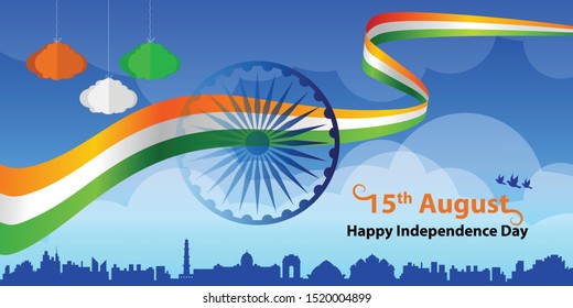 Happy Independence Day India with tricolor flag greeting vector graphic layout.  15th August template for brochure, flyer, poster, web, print media.