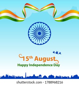 Happy Independence Day India with tricolor flag greeting vector graphic layout.  15th August template for brochure, flyer, poster, web, print media.