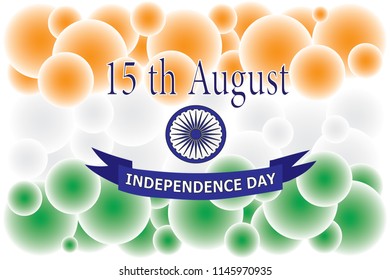 Happy Independence day India, Vector lettering illustration, Flyer design with Ashoka wheel in colors of Indian national flag for 15th August.