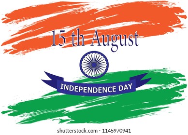 Happy Independence day India, Vector lettering illustration, Flyer design with Ashoka wheel in colors of Indian national flag for 15th August.
