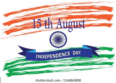 Happy Independence day India, Vector lettering illustration, Flyer design with Ashoka wheel in colors of Indian national flag for 15th August.