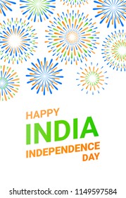 Happy Independence day India. Vector design template card with fireworks on a white background. Flat illustration
