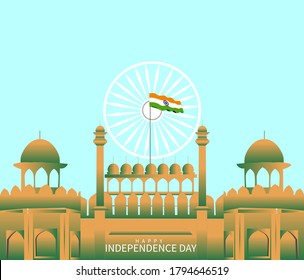 Happy Independence day India, Vector illustration,  Red fort with flag of India. ashoka chakra in background