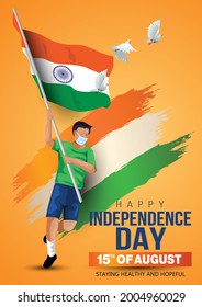 happy independence day India. vector illustration of Indian man with flag. corona virus covid-19 concept. poster, banner, template design