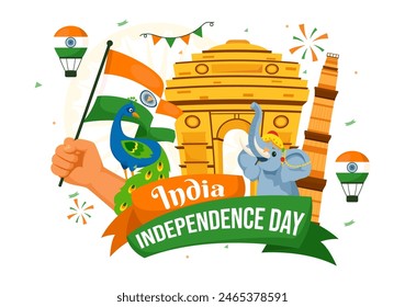 Happy Independence Day India Vector Illustration on 15th August with the Indian Flag in a National Holiday Flat Cartoon Style Background