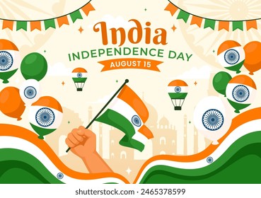 Happy Independence Day India Vector Illustration on 15th August with the Indian Flag in a National Holiday Flat Cartoon Style Background